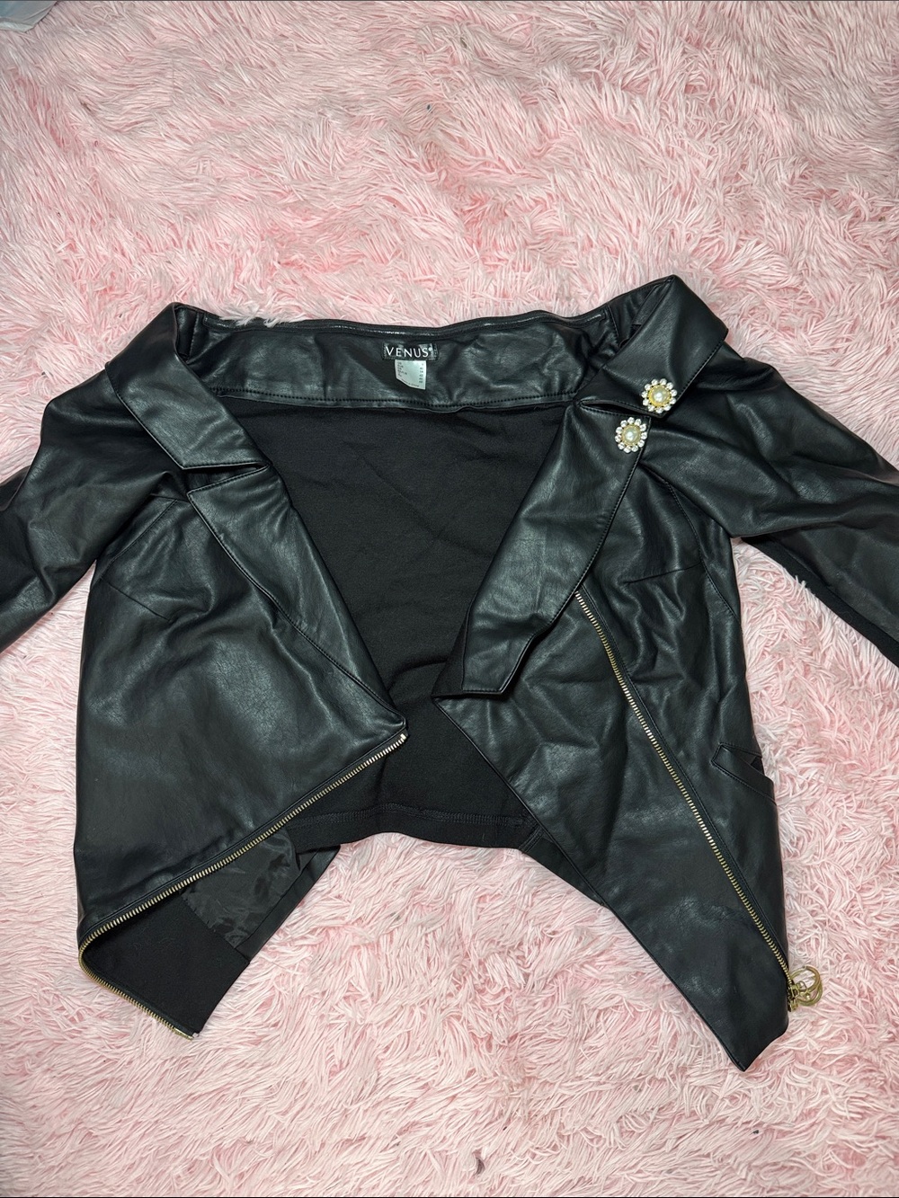 VENUS Black Faux Leather Cropped Moto Jacket with Pearl Accents